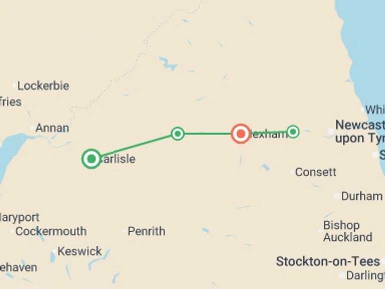 Map itinerary of UK and Britain Tour in June 2027 with 4 destination visits for the trip: Walk Hadrian's Wall Highlights