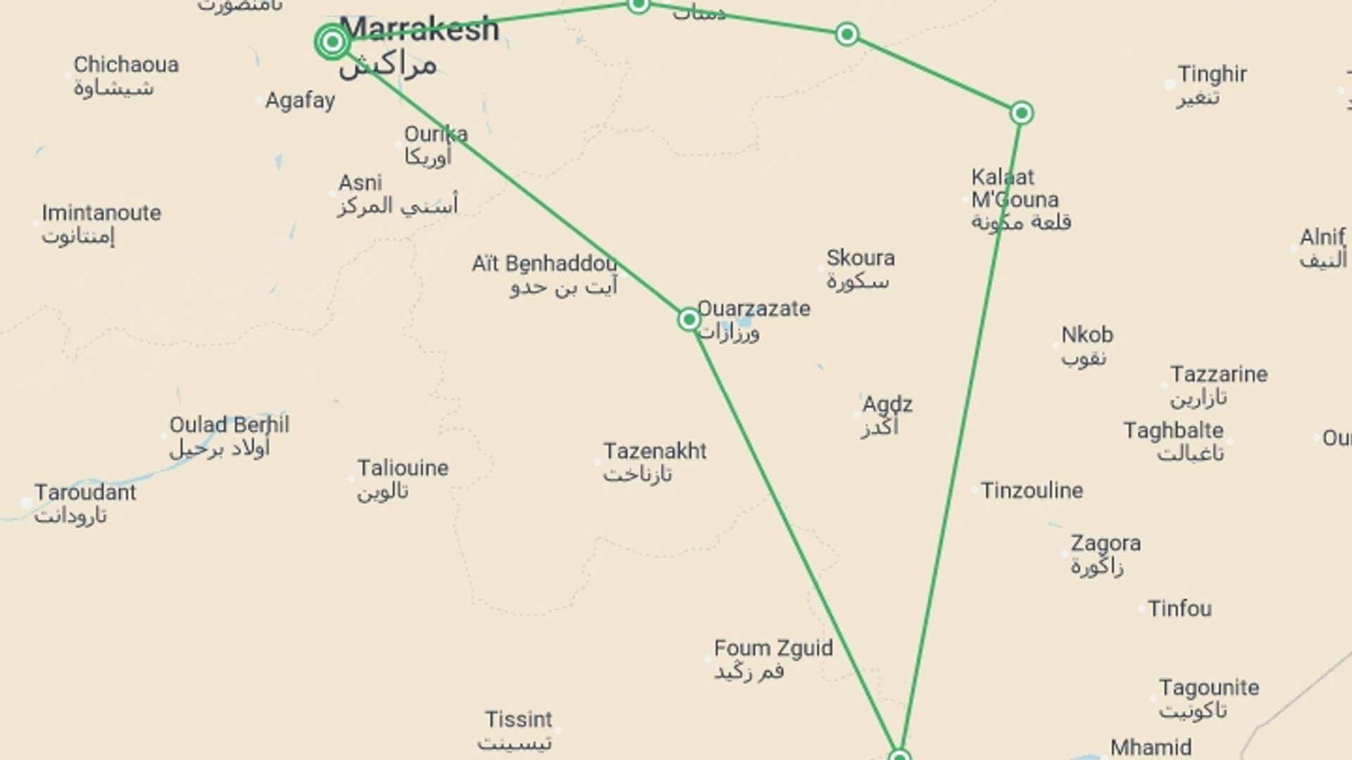 A map showing the tour itinerary for the trip: Self Drive Morocco - 8 days, starting in Marrakech, Morocco and ending in Marrakech, Morocco going through 4 other destinations.