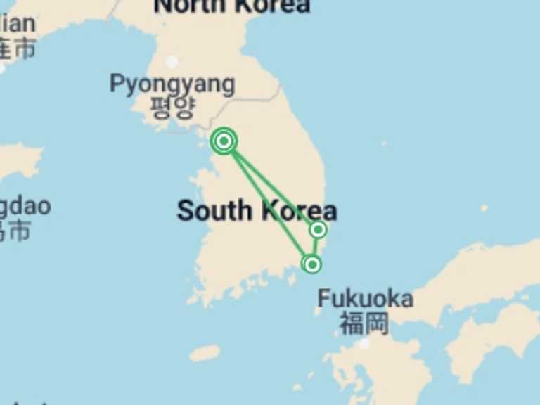 Map of a City sightseeing Tour with 3 destination visits for the trip: Best of South Korea