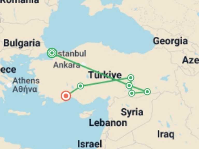 Map itinerary of Antalya Tour in May 2027 with 7 destination visits for the trip: Eastern Turkey Explorer