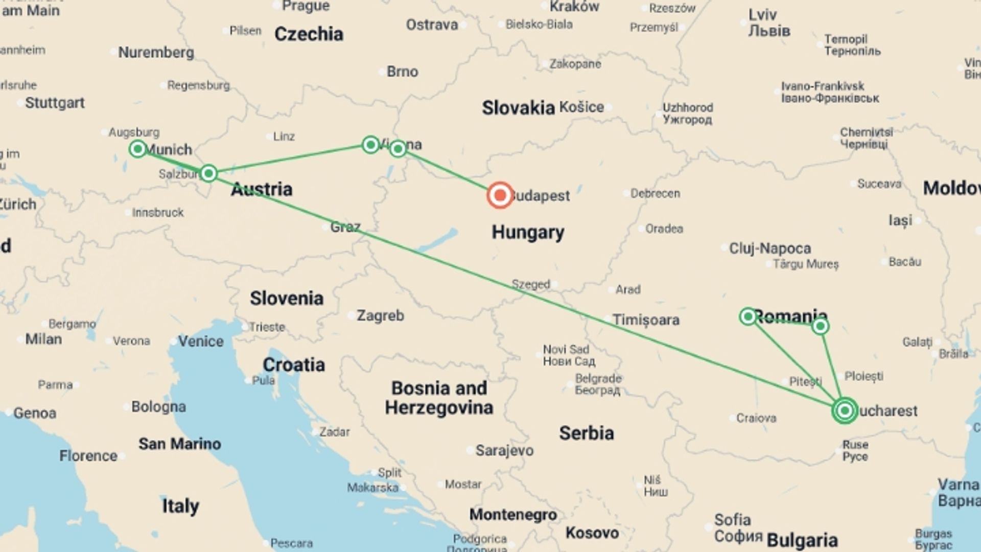 A map showing the tour itinerary for the trip: Best Christmas Markets of Europe: Bucharest to Budapest, starting in Bucharest, Romania and ending in Budapest, Hungary going through 5 other destinations.
