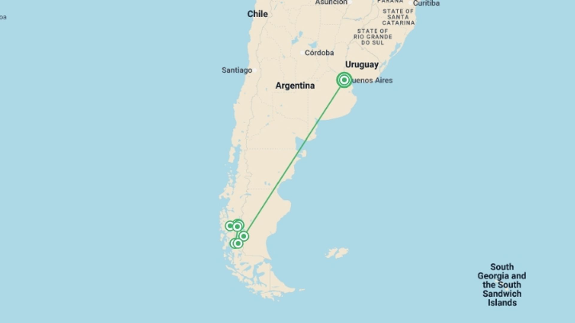 A map showing the tour itinerary for the trip: Hiking in Patagonia - Glaciers & Torres del Paine, starting in Buenos Aires, Argentina and ending in Buenos Aires, Argentina going through 6 other destinations.