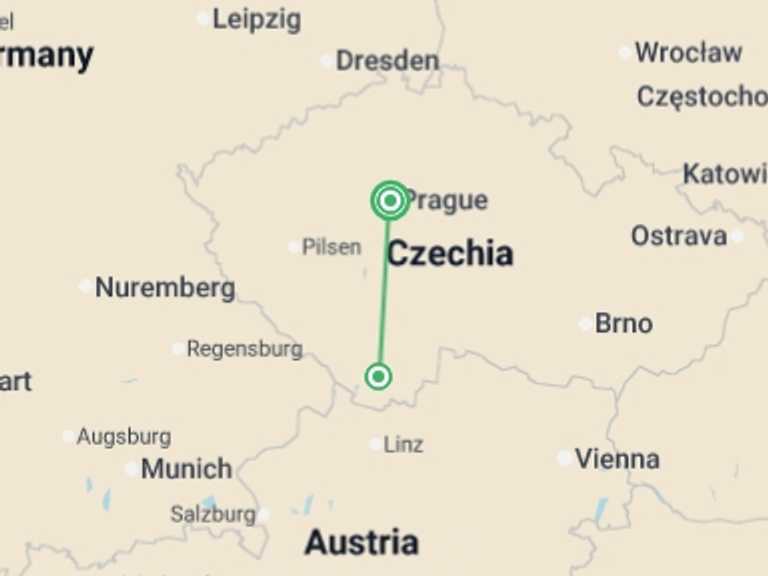 Map itinerary of Prague Tour in August 2026 with 2 destination visits for the trip: Czechia UNESCO Tour – 7 UNESCO Sites in 6 Day