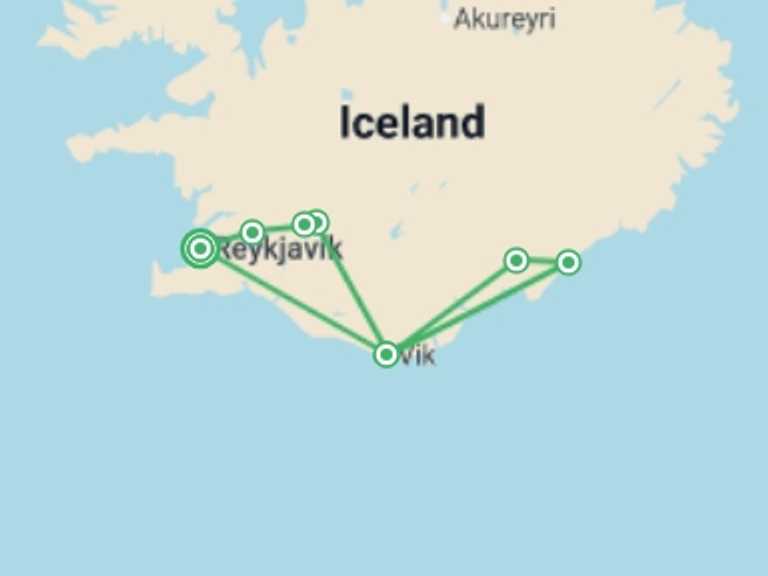 Map itinerary of Reykjavik Tour in Fall with 2 destination visits for the trip: Iceland Northern Lights Hunt Adventure 5D/4N