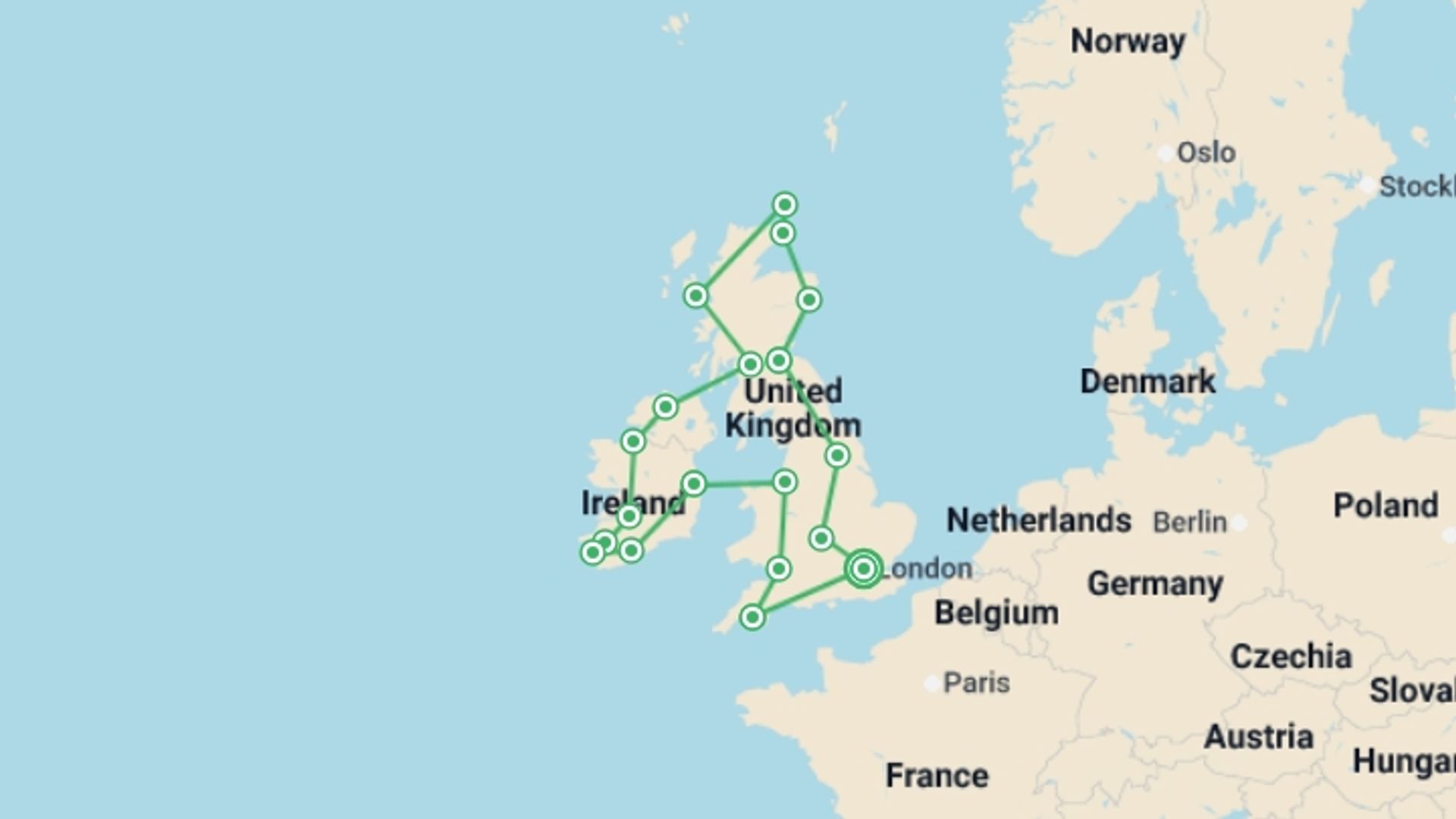 A map showing the tour itinerary for the trip: Britain & Ireland Discovery, starting in London, England and ending in London, England going through 18 other destinations.