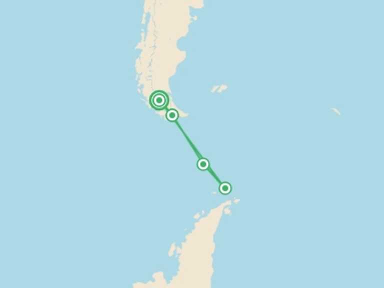 Map itinerary of South America Tour in January 2027 with 5 destination visits for the trip: Antarctic Express: Cruise South, Fly North