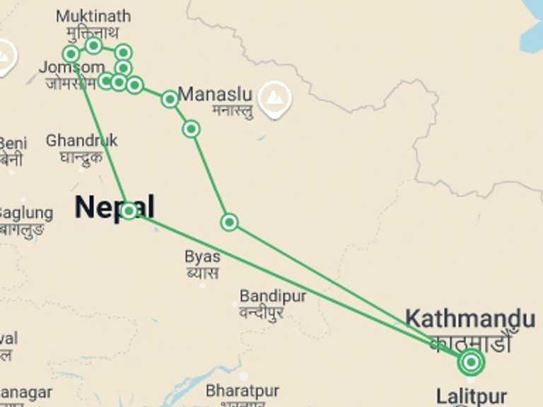 Map itinerary of Nepal Tour in Winter with 12 destination visits for the trip: Annapurna Circuit Trek via Tilicho Lake