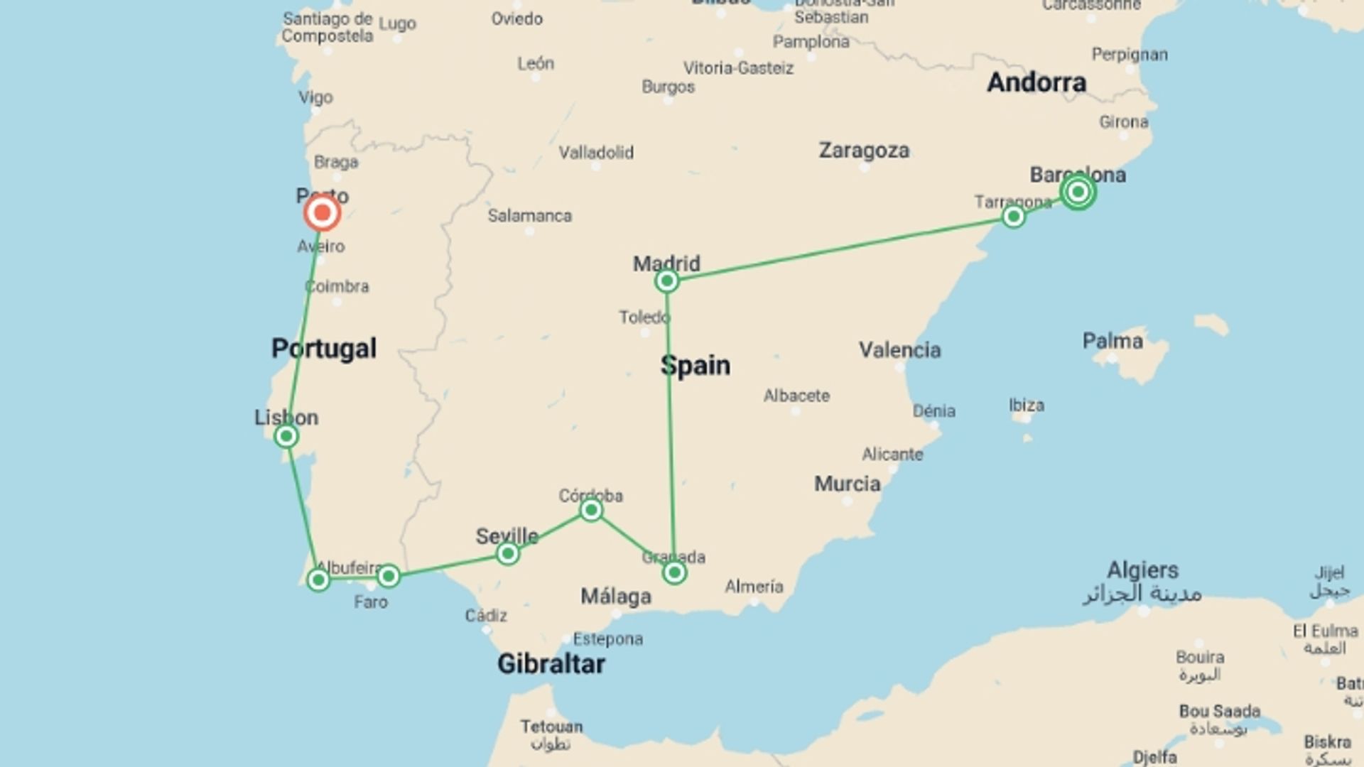 A map showing the tour itinerary for the trip: Spain and Portugal Iberian Explorer, starting in Barcelona, Spain and ending in undefined, Portugal going through 3 other destinations.