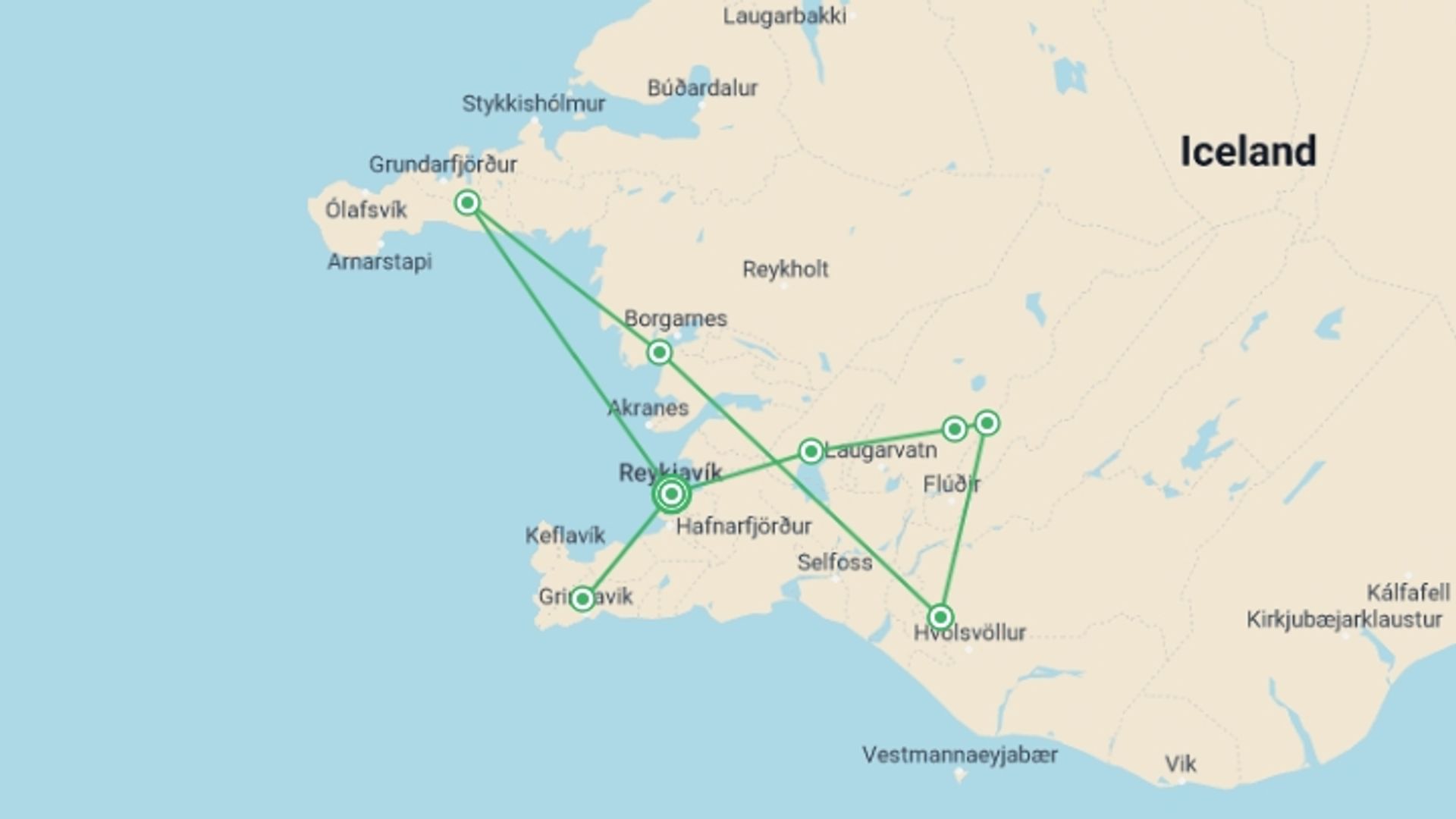 A map showing the tour itinerary for the trip: An Icelandic Adventure, starting in Reykjavik, Iceland and ending in Reykjavik, Iceland going through 3 other destinations.
