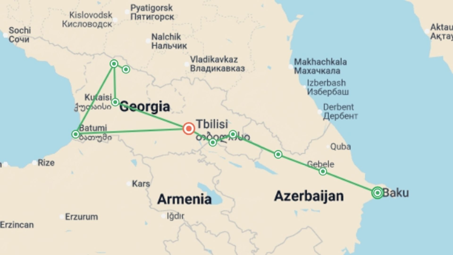 A map showing the tour itinerary for the trip: Azerbaijan & Georgia Experience, starting in Baku, Azerbaijan and ending in Tbilisi, Georgia going through 8 other destinations.