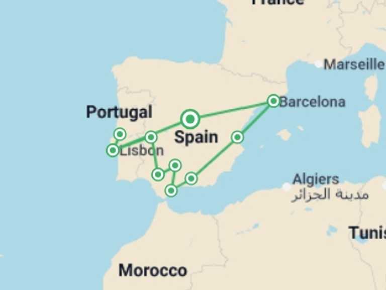 Map of 12-Day Madrid Tour with 8 destination visits for the trip: Best of Portugal, Andalucia & Barcelona - 12 days