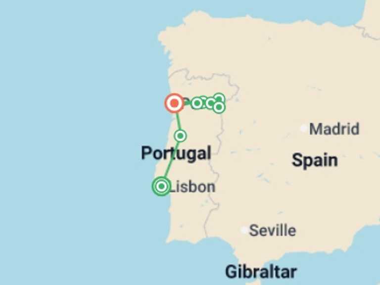 Map of Europe Tour with 6 destination visits for the trip: Lisbon, Porto and the Douro valley (Portugal) and Salamanca (Spain) (port-to-port cruise)