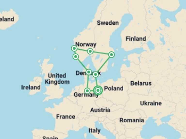 Map itinerary of Europe Tour in February 2027 with 8 destination visits for the trip: Northern Germany and Scandinavia with Berlin