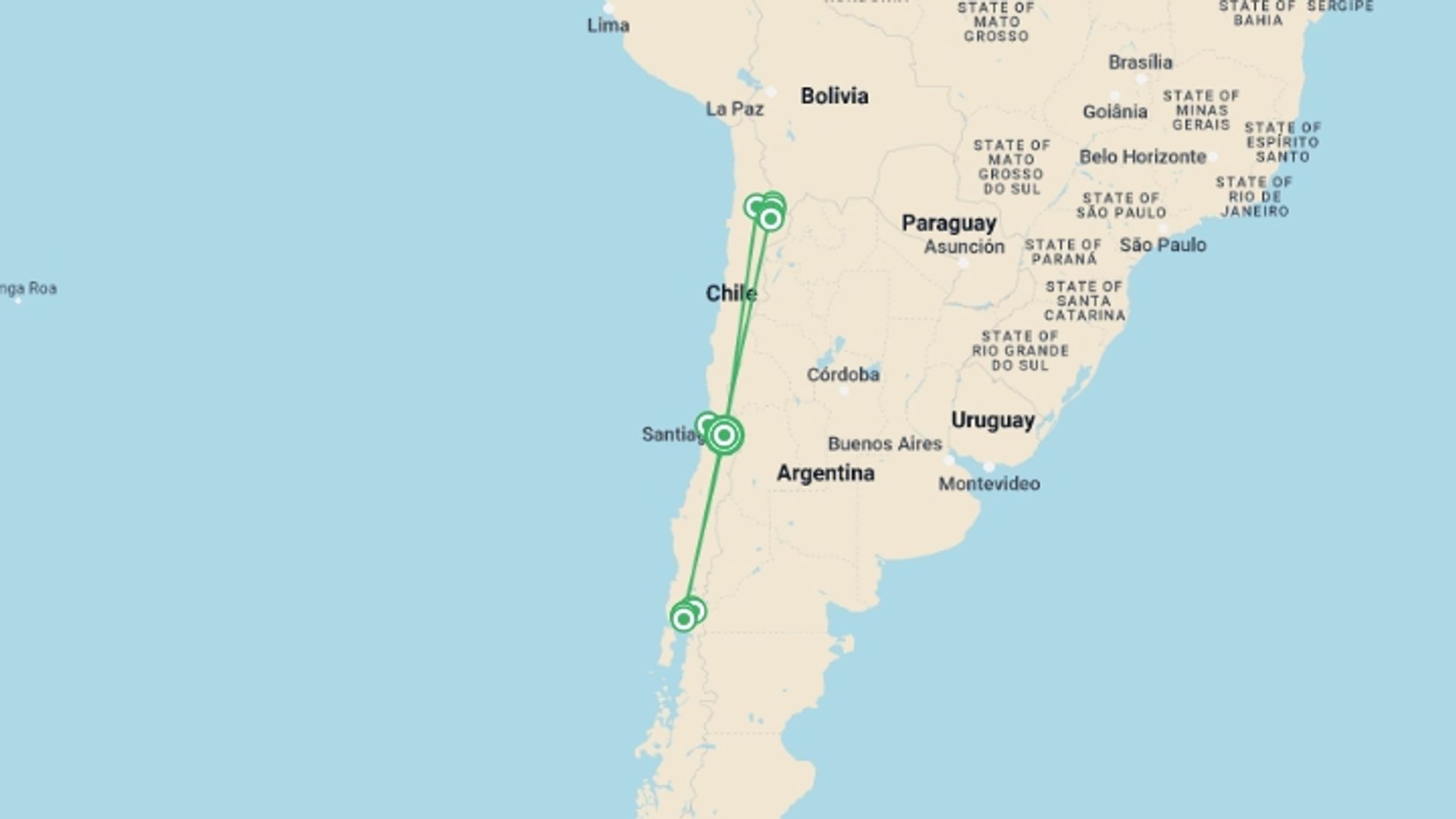 A map showing the tour itinerary for the trip: Chile, Patagonian Lakes and Atacama Desert , starting in Santiago, Chile and ending in Santiago, Chile going through 3 other destinations.