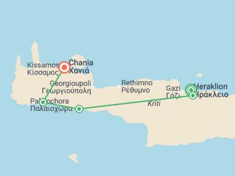 Map itinerary of Mediterranean Tour in September 2027 with 4 destination visits for the trip: Highlights of Crete