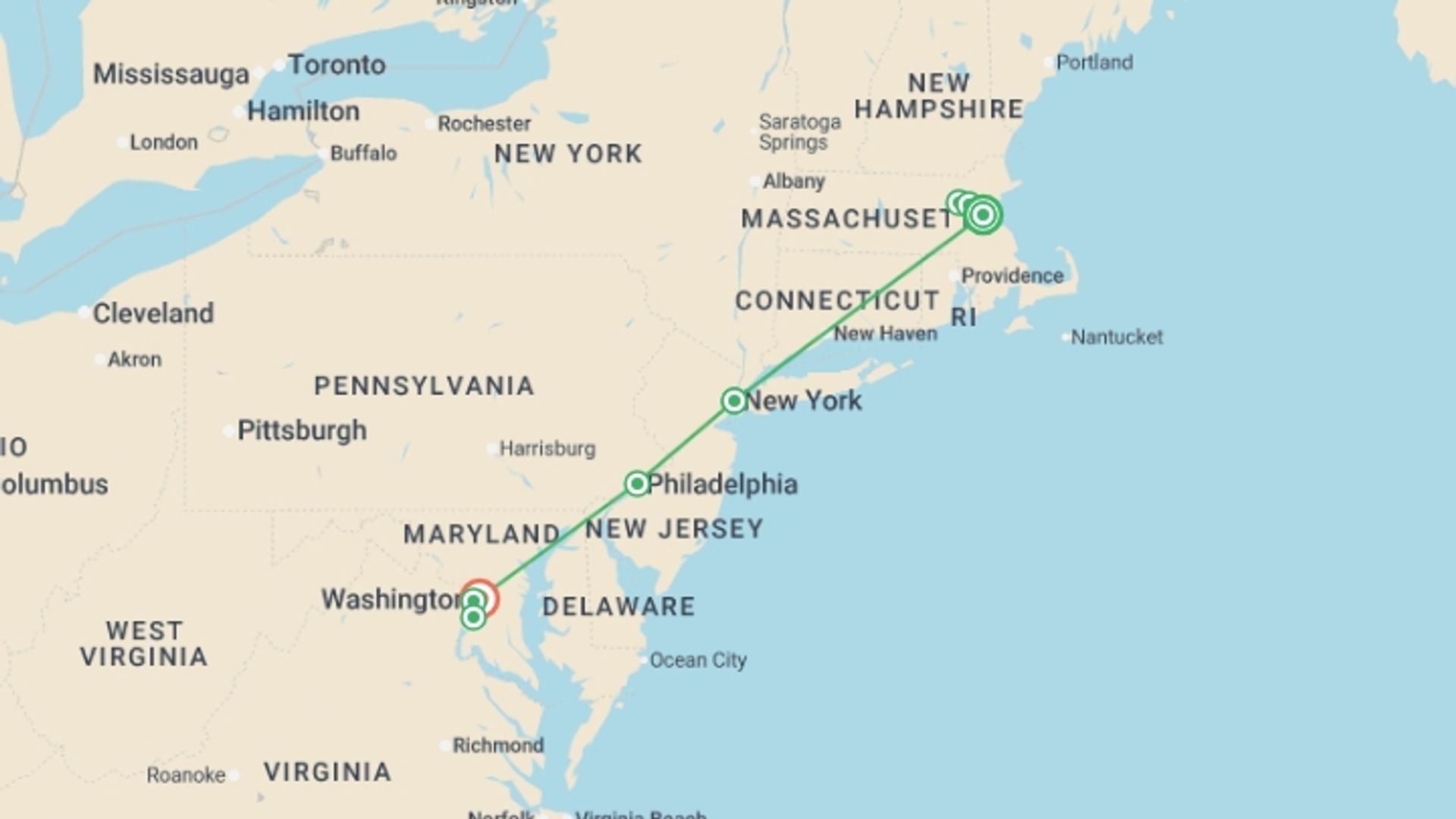 A map showing the tour itinerary for the trip: America's 250th, starting in Boston, USA and ending in Washington D.C., USA going through 2 other destinations.