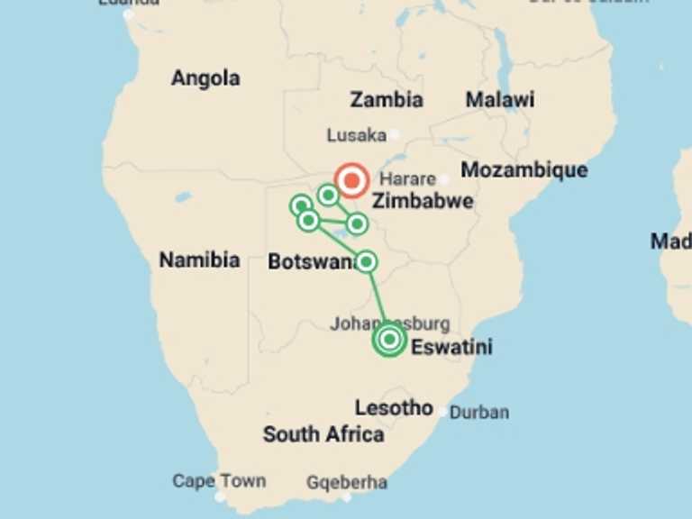 Map of Africa Wildlife safaris and game drives Tour with 7 destination visits for the trip: Okavango Experience