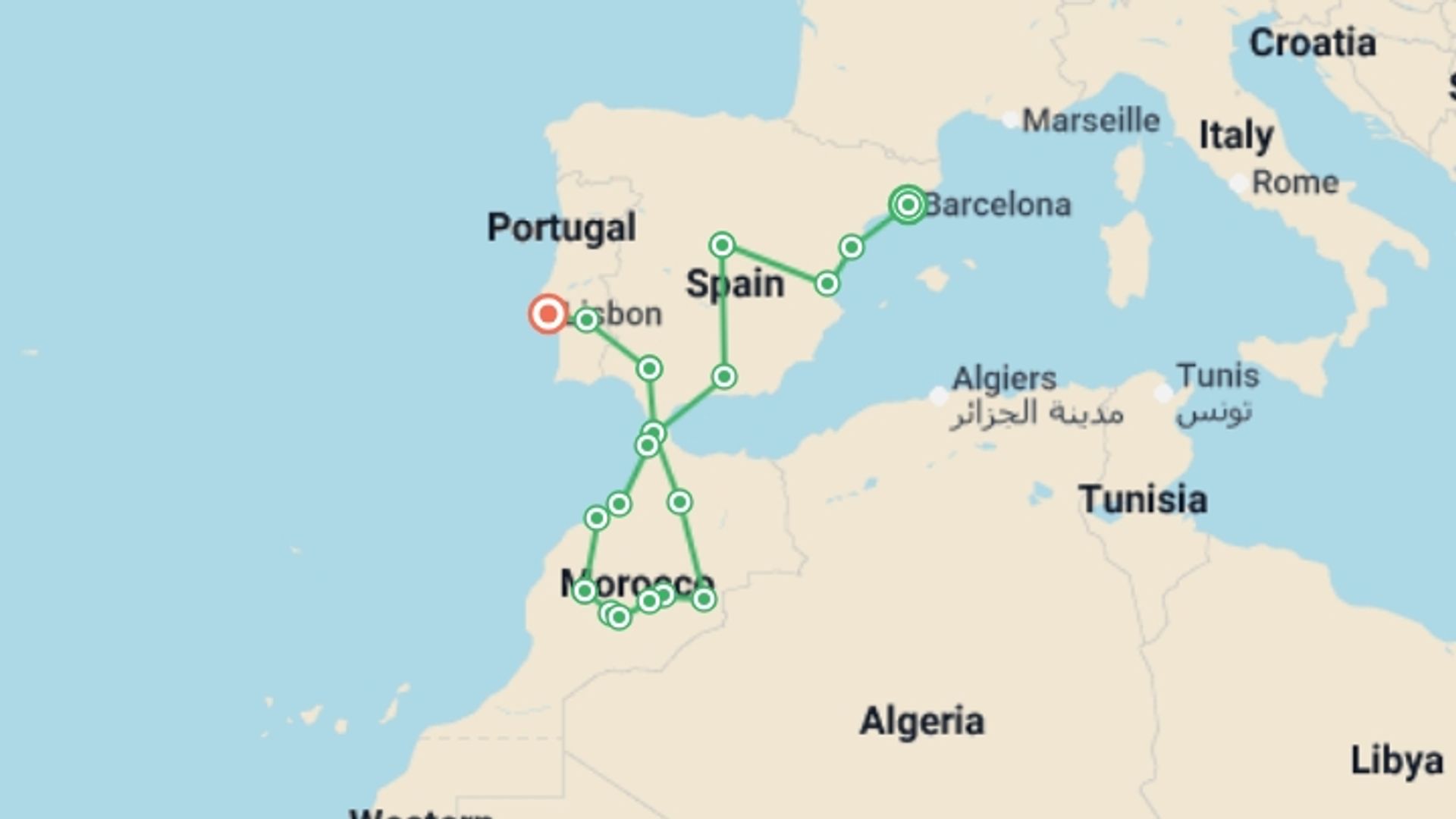 A map showing the tour itinerary for the trip: Barcelona, Madrid, Mysterious Morocco and Lisbon, starting in Barcelona, Spain and ending in Lisbon, Portugal going through 9 other destinations.
