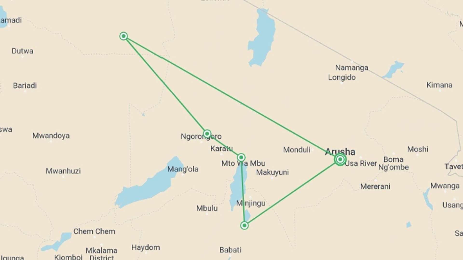 A map showing the tour itinerary for the trip: 6 Days Treasure and Leisure, starting in Arusha, Tanzania and ending in Arusha, Tanzania going through 6 other destinations.