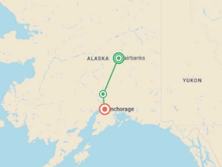 Map itinerary of USA Tour in Spring with 3 destination visits for the trip: Alaska Northern Lights
