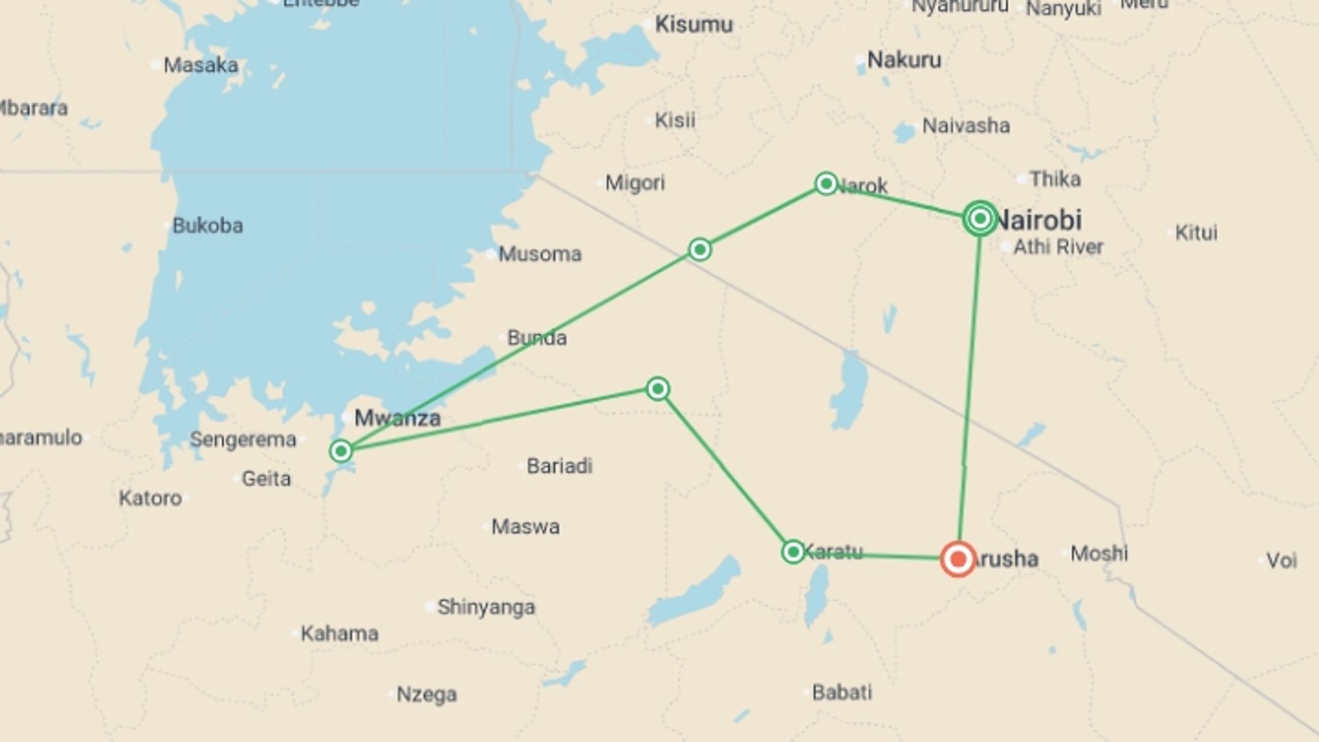 A map showing the tour itinerary for the trip: East Africa Family Safari Comfort, starting in Nairobi, Kenya and ending in Arusha, Tanzania going through 5 other destinations.