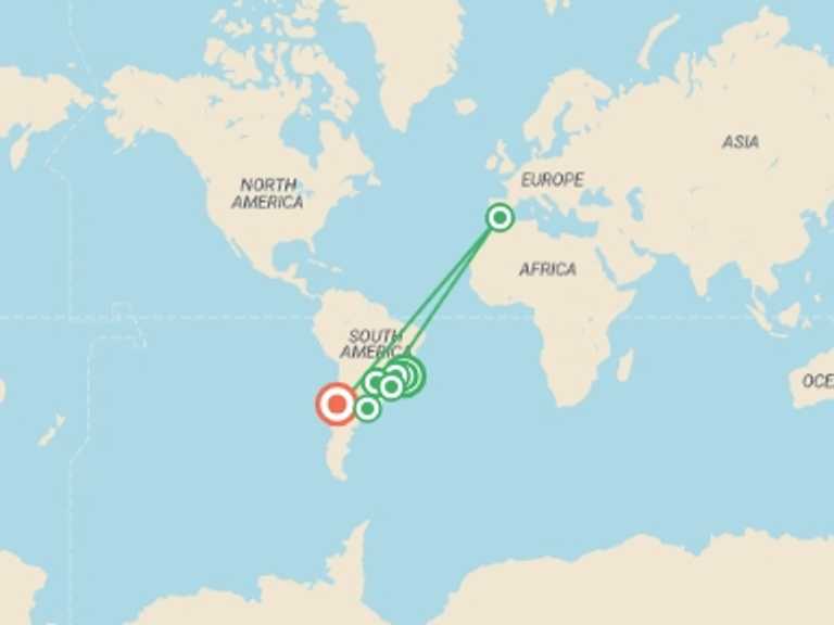 Map of a Natural landmarks sightseeing Tour with 11 destination visits for the trip: Rio de Janeiro to Santiago Travel Pass