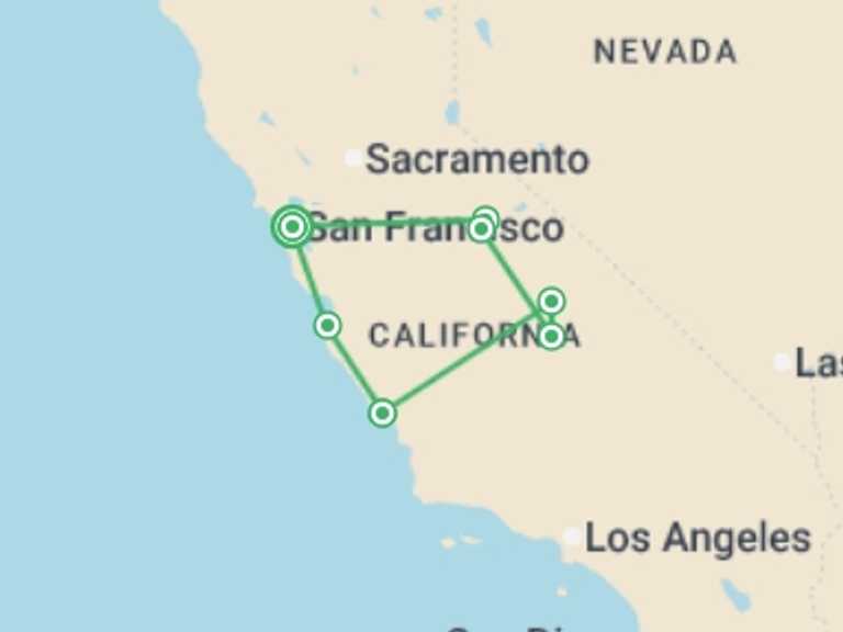 Map of a Adventure and sport Tour with 6 destination visits for the trip: Wild California Explorer - 8 days