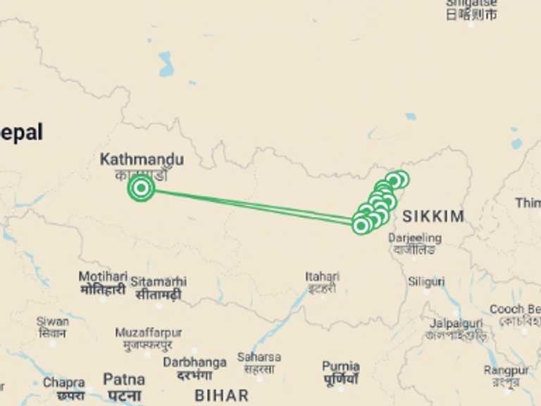 Map itinerary of Nepal Tour in Winter with 18 destination visits for the trip: Kanchenjunga Base Camp Trek