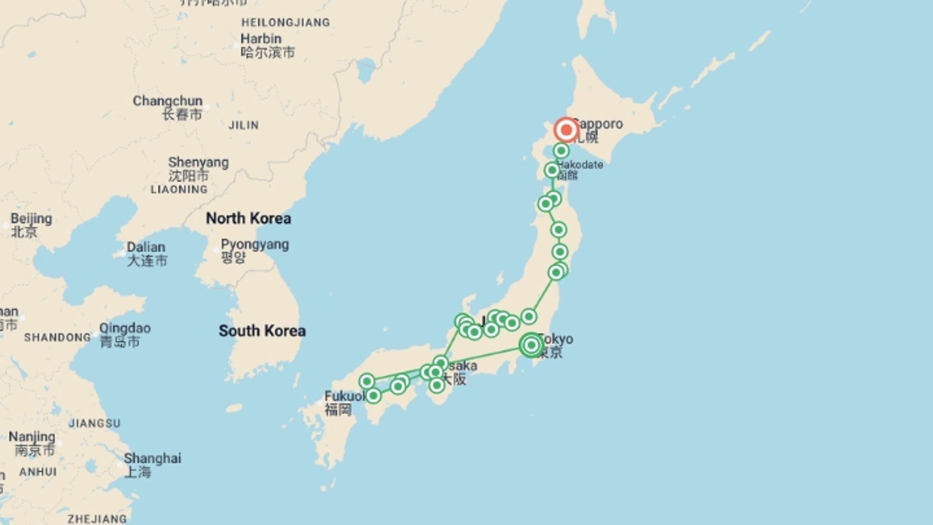 A map showing the tour itinerary for the trip: Japan Awaits You, Ending in Sapporo, starting in Tokyo, Japan and ending in Sapporo, Japan going through 12 other destinations.