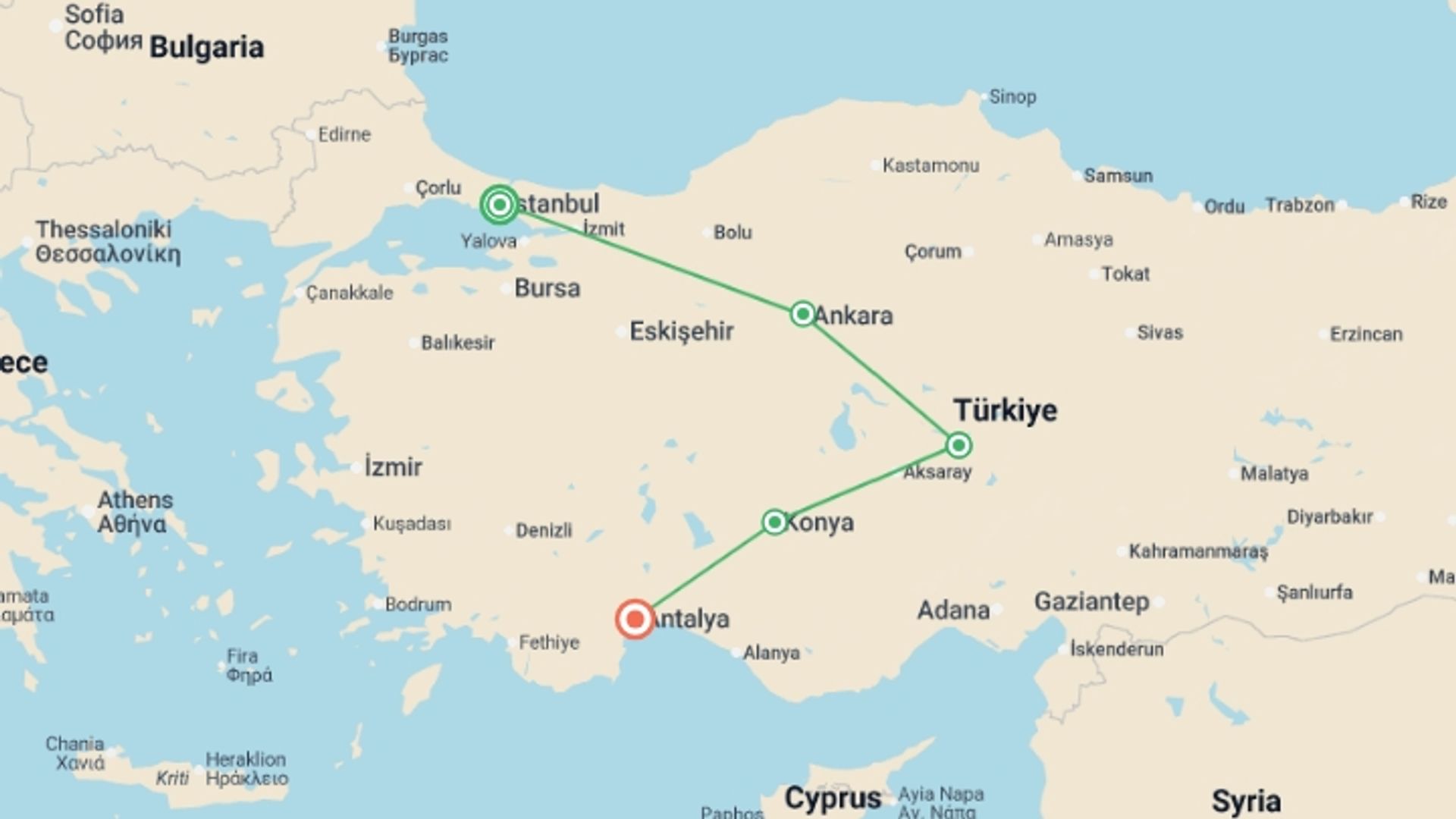 A map showing the tour itinerary for the trip: Impressive Turkey, starting in Istanbul, Turkey and ending in Antalya, Turkey going through 3 other destinations.