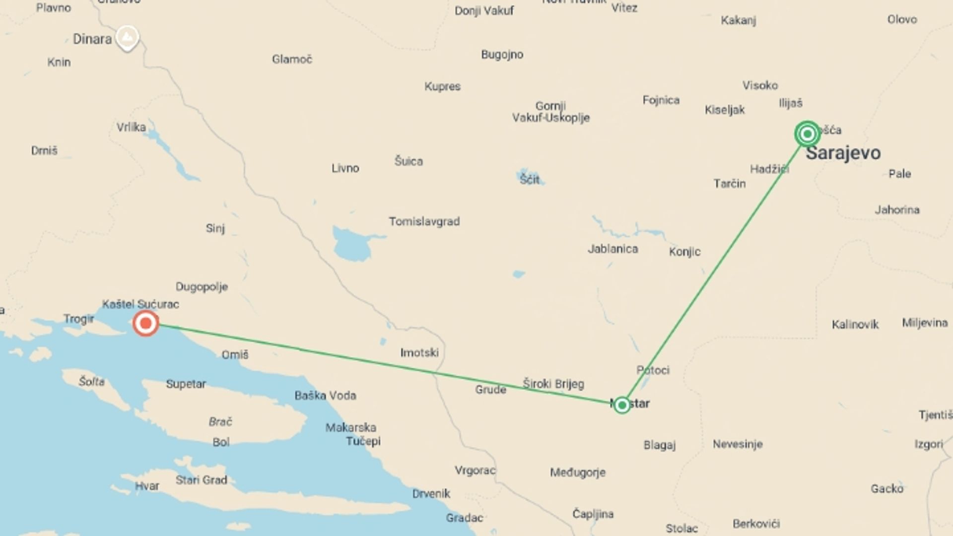 A map showing the tour itinerary for the trip: Sarajevo to Split - 4 days, starting in Sarajevo, Bosnia Herzegovina and ending in Split, Croatia going through 1 other destinations.