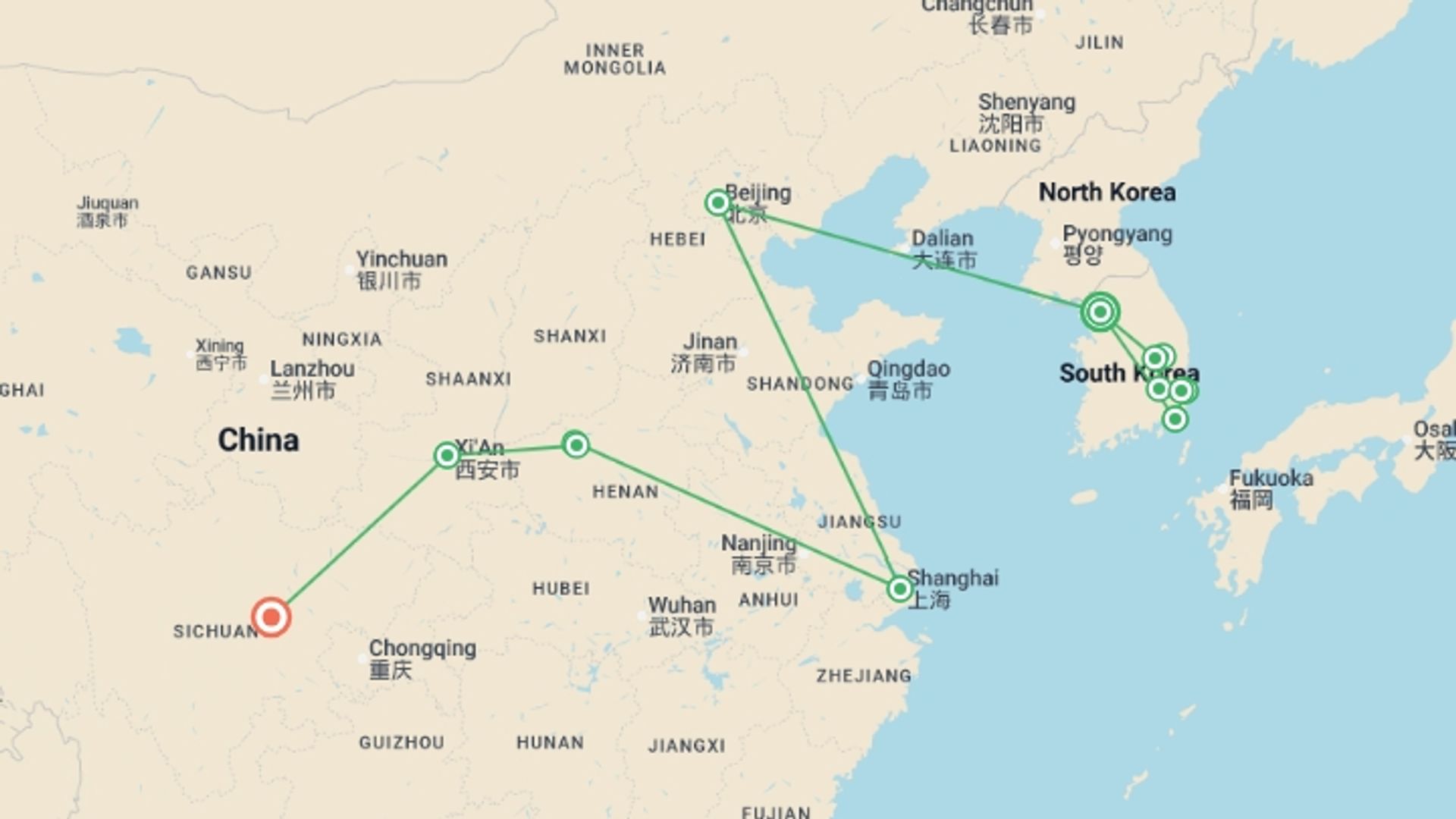 A map showing the tour itinerary for the trip: Korea and Authentic China with Chengdu, starting in Seoul, South Korea and ending in Chengdu, China going through 6 other destinations.