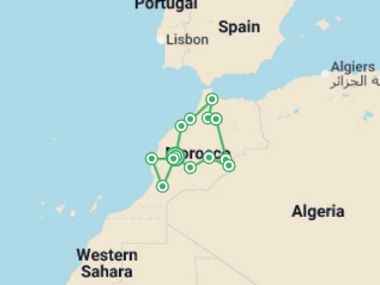 Map of 14-Day Marrakech Tour with 11 destination visits for the trip: Best of Morocco