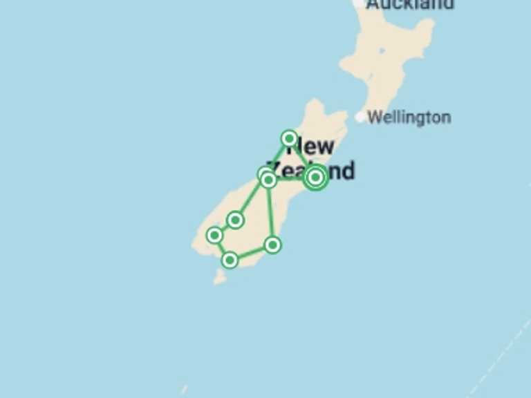 Map of Oceania Tour with 8 destination visits for the trip: South Island Grand Discovery (Superior) - 14 days