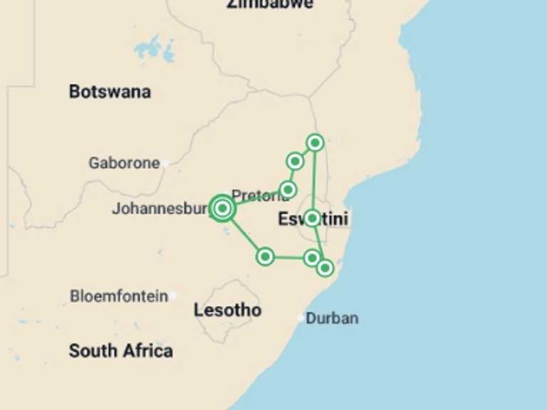 Map itinerary of Africa Tour in September 2026 with 9 destination visits for the trip: South Africa Walking Adventure