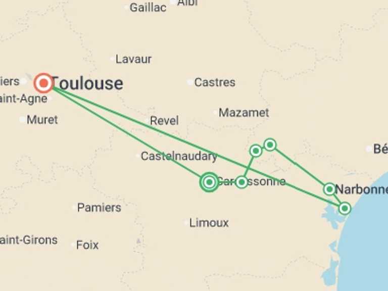 Map itinerary of Mediterranean Tour in September 2026 with 7 destination visits for the trip: Cycling in France - Canals and Castles of the Midi