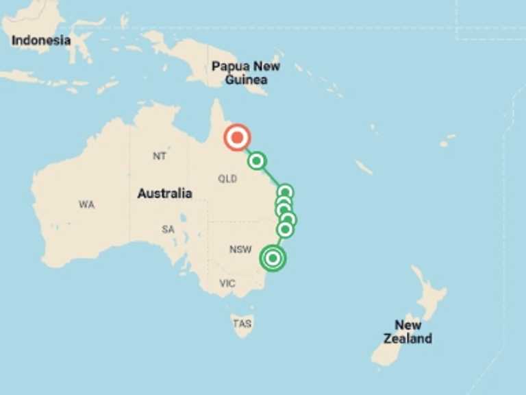 Map of Australia Tour with 10 destination visits for the trip: Most of the Coast: Sydney to Cairns