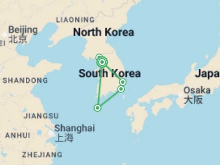 Map itinerary of Seoul Tour in December 2026 with 4 destination visits for the trip: Seoul Searching & Jeju 5 star - 9 days