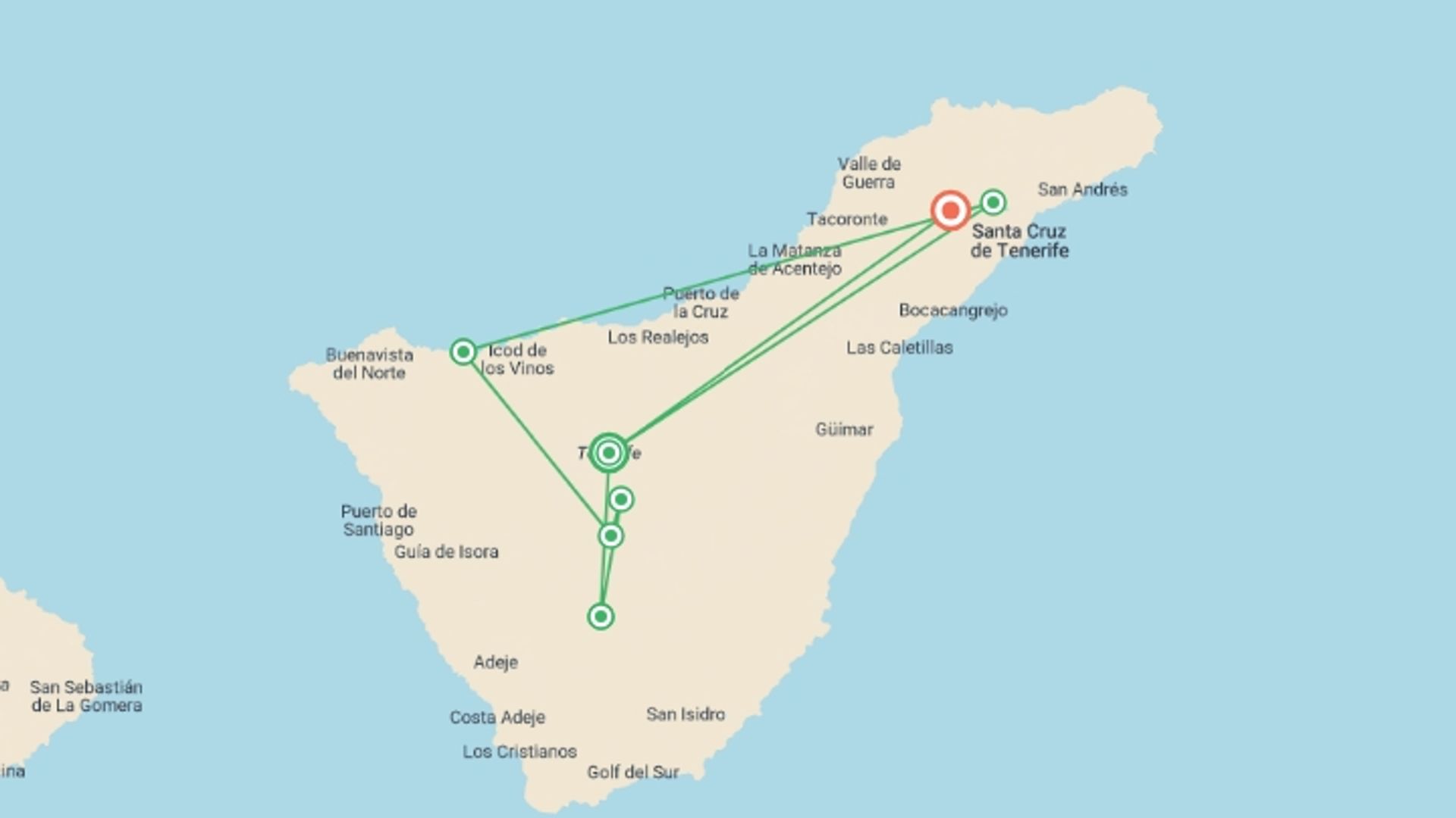 A map showing the tour itinerary for the trip: Hiking in Tenerife, starting in Canary Islands, Spain and ending in San Cristóbal De La Laguna, Spain going through 6 other destinations.