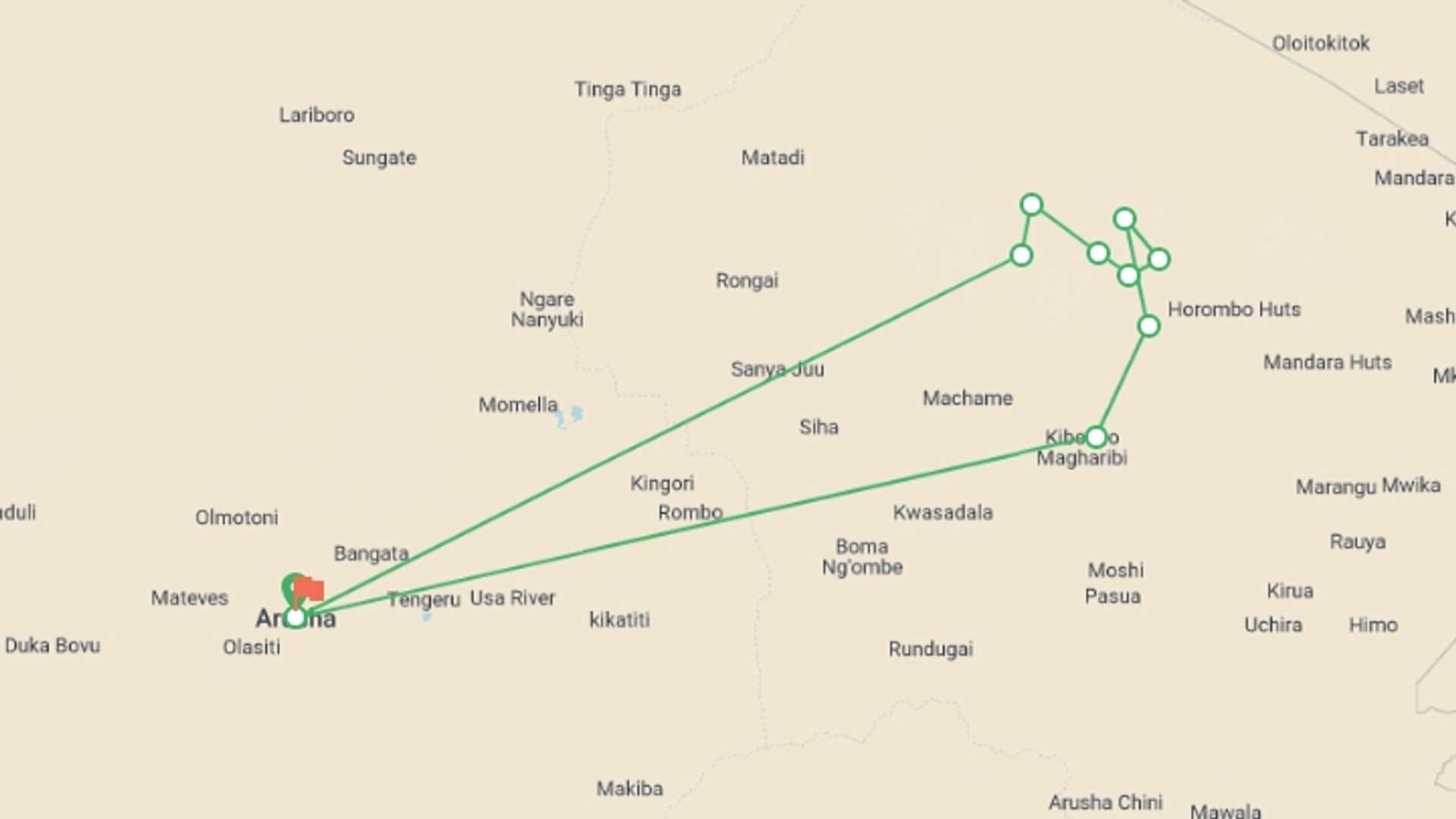 A map showing the tour itinerary for the trip: 7 Days Kilimanjaro climbing Machame Route , starting in Arusha, Tanzania and ending in Arusha, Tanzania going through 9 other destinations.