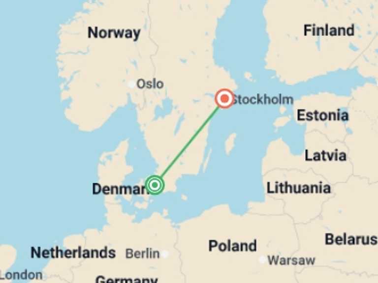 Map of 5-Day Scandinavia Tour with 2 destination visits for the trip: Copenhagen to Stockholm by Train - 5 days