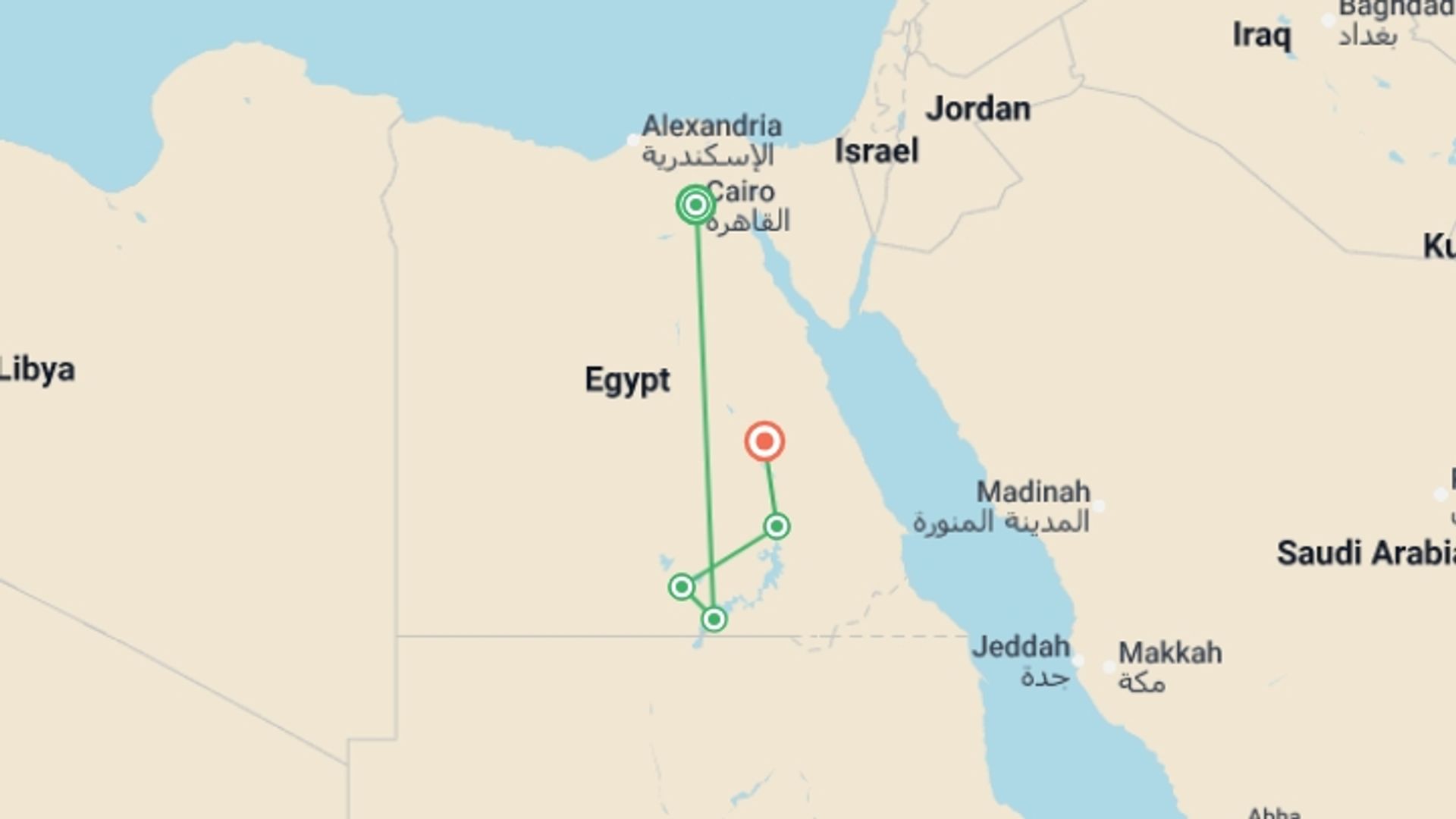 A map showing the tour itinerary for the trip: Classical Egypt & Lake Nasser Cruise - 10 days, starting in Cairo, Egypt and ending in Luxor, Egypt going through 3 other destinations.