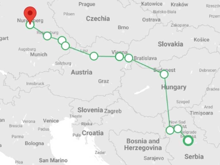 Map itinerary of Balkans Tour in October 2027 with 2 destination visits for the trip: Danube Grandeur (2027)