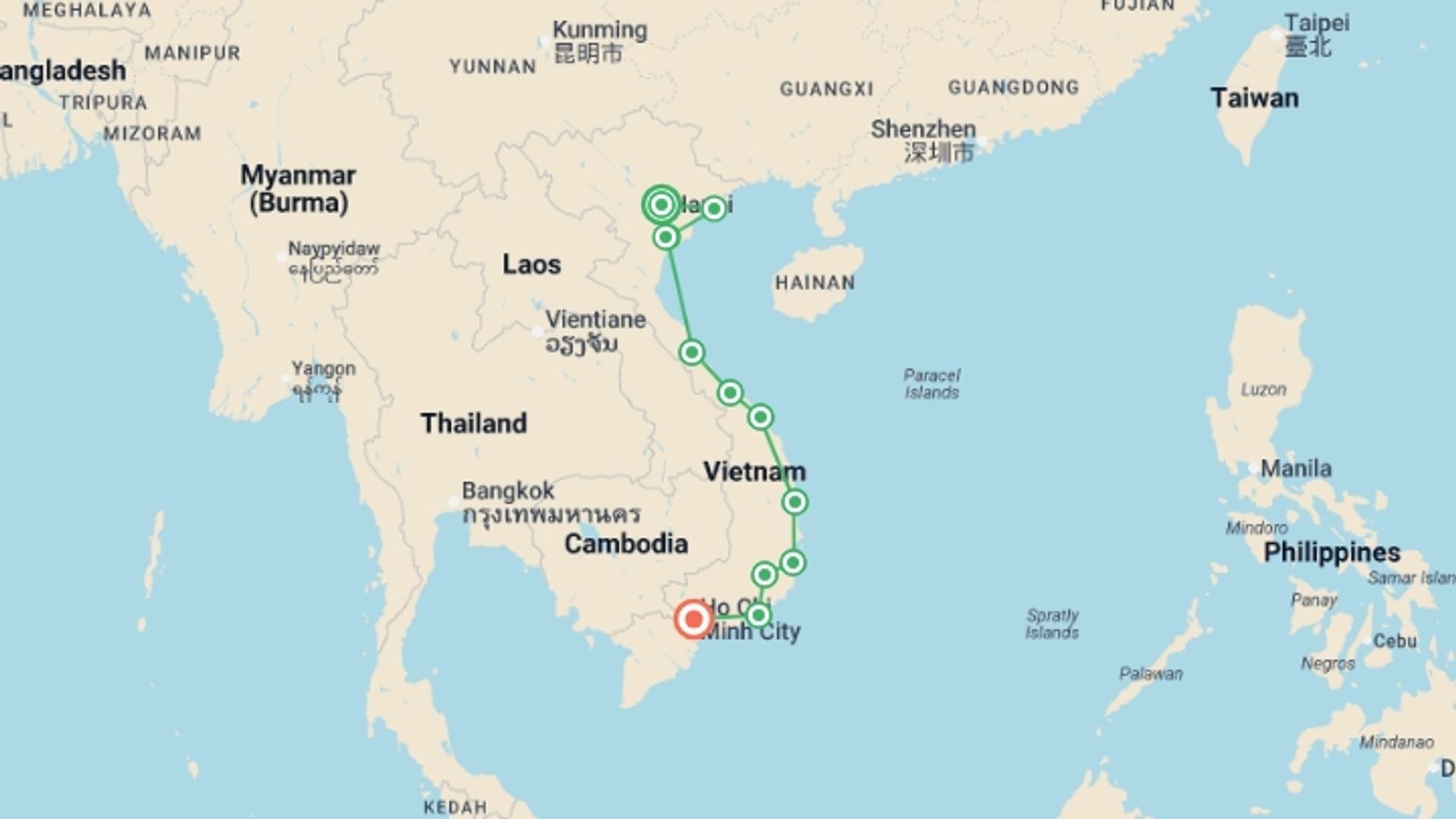 A map showing the tour itinerary for the trip: Vietnam by Train: Hidden Gems & Heritage Discovery Tour, starting in Hanoi, Vietnam and ending in Ho Chi Minh City, Vietnam going through 10 other destinations.