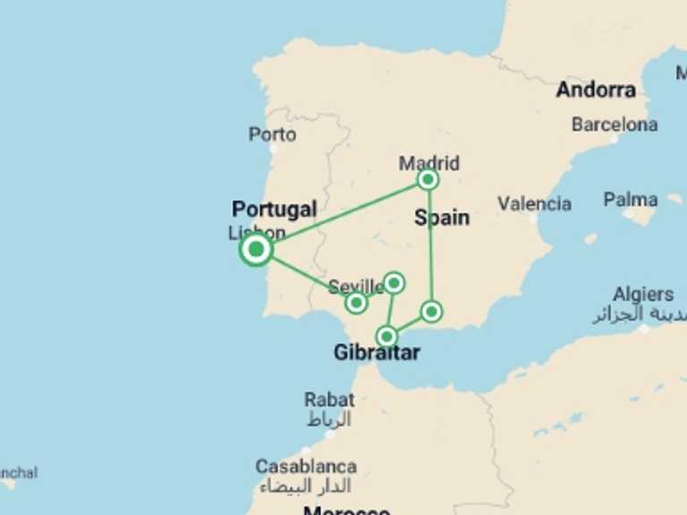 Map itinerary of Lisbon Tour in December 2025 with 6 destination visits for the trip: 6 Days Guided Tour Andalusia & Madrid From Lisbon