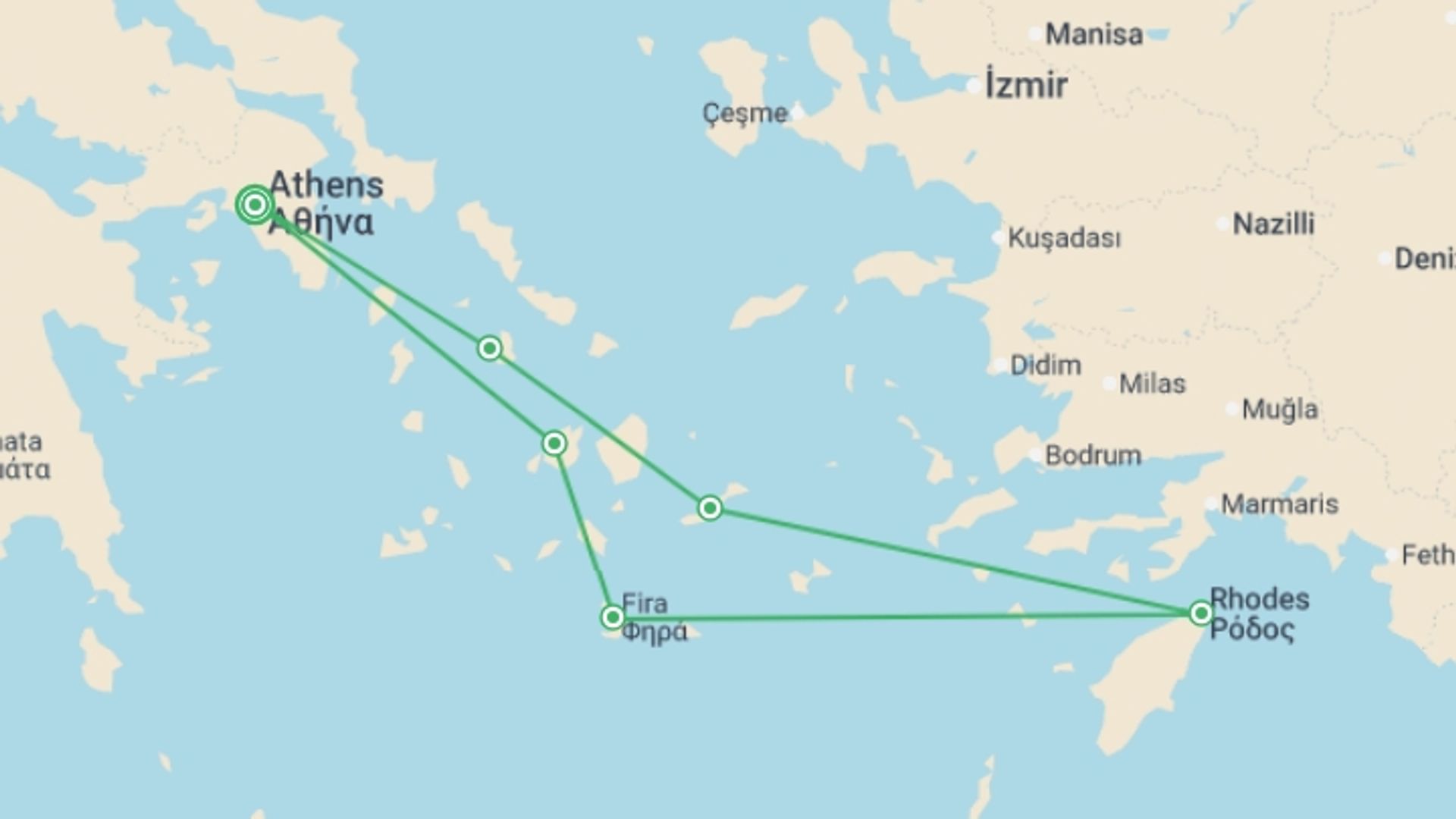 A map showing the tour itinerary for the trip: The Mysterious Cyclades and Dodecanese Islands in the Aegean Sea (port-to-port cruise), starting in Athens, Greece and ending in Athens, Greece going through 6 other destinations.