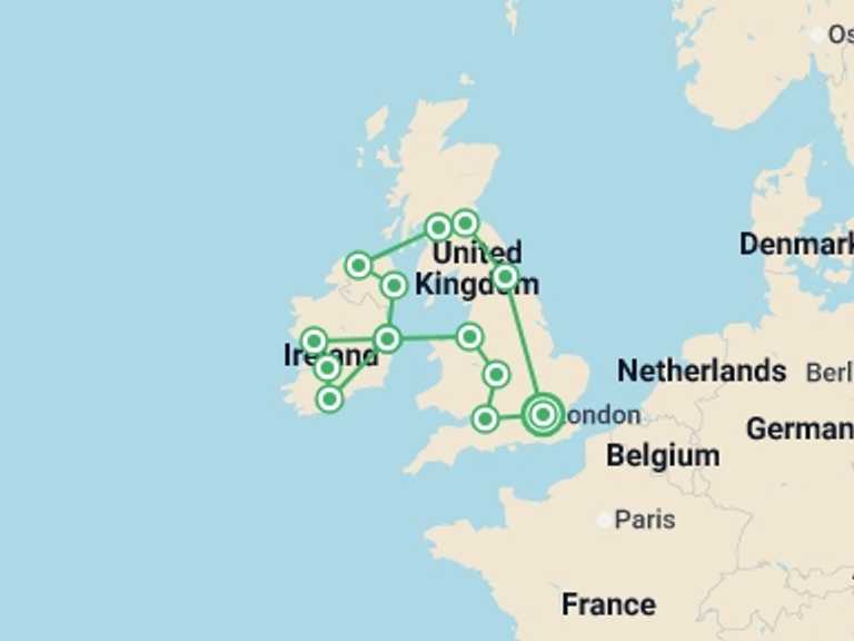 Map itinerary of Europe Tour in August 2026 with 13 destination visits for the trip: Stories and Legends: United Kingdom, Scotland, and Ireland