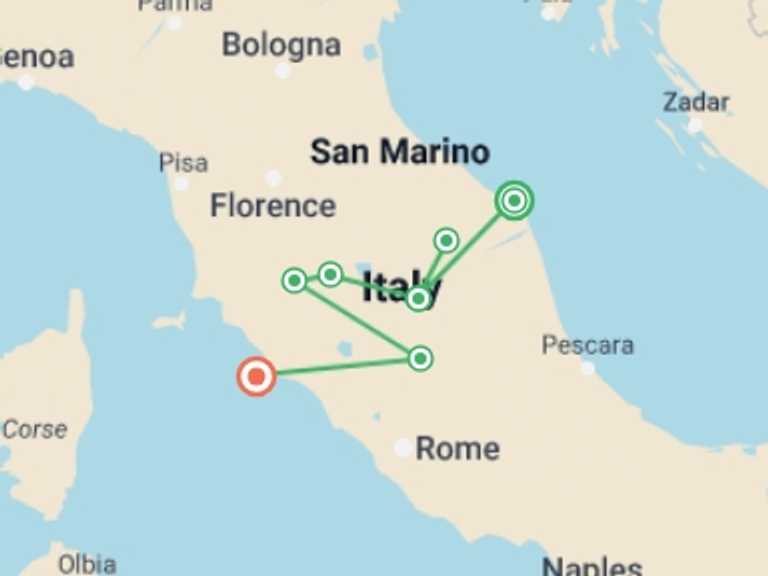 Map itinerary of Tuscany Tour in Spring with 9 destination visits for the trip: Italy Coast to Coast by Gravel Bike