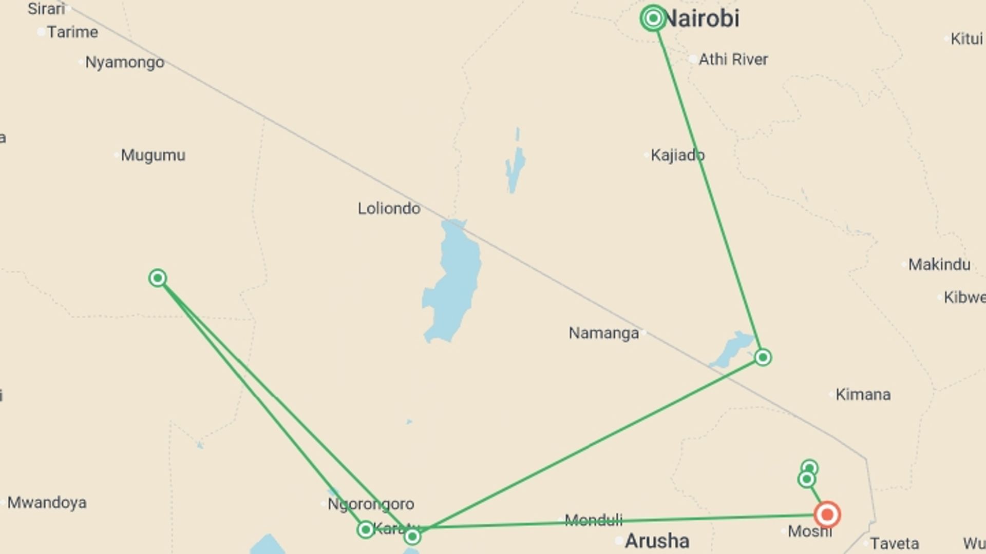 A map showing the tour itinerary for the trip: Serengeti & Kilimanjaro, starting in Nairobi, Kenya and ending in Marangu, Tanzania going through 7 other destinations.