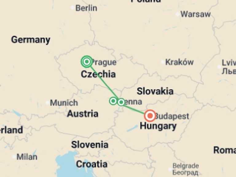 Map itinerary of Vienna Tour in February 2027 with 3 destination visits for the trip: Prague, Vienna and Budapest